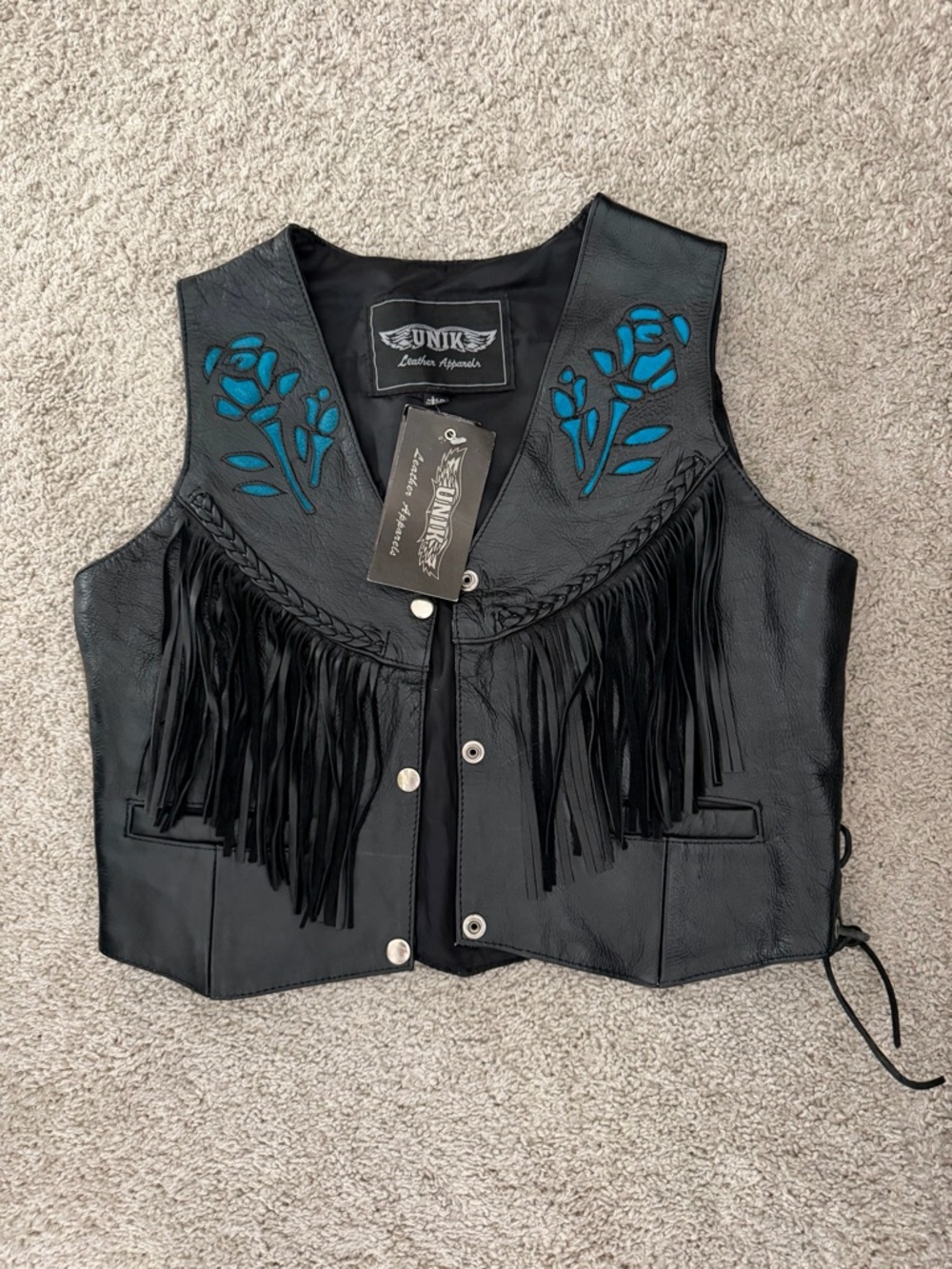 Unik Black Leather Fringe Vest with Teal Floral Appliqué